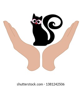 Vector illustration of a hand in a defensive gesture protecting a cat. Symbol of animal, pet, nature, humanity, care, protection, veterinary.