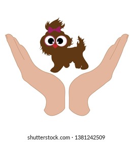 Vector illustration of a hand in a defensive gesture protecting a dog. Symbol of animal, pet, nature, humanity, care, protection, veterinary.