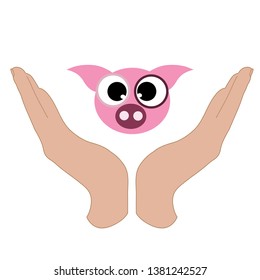 Vector illustration of a hand in a defensive gesture protecting a pig. Symbol of animal, farm, cattle, humanity, care, protection, veterinary.