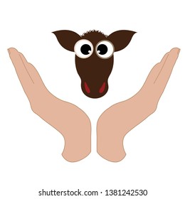 Vector illustration of a hand in a defensive gesture protecting a cow. Symbol of animal, farm, cattle, humanity, care, protection, veterinary.