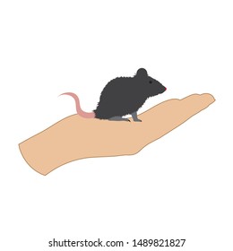 Vector illustration of a hand in a defensive gesture protecting a rat. Symbol of animal,mouse, veterinary,safe, care, protection.