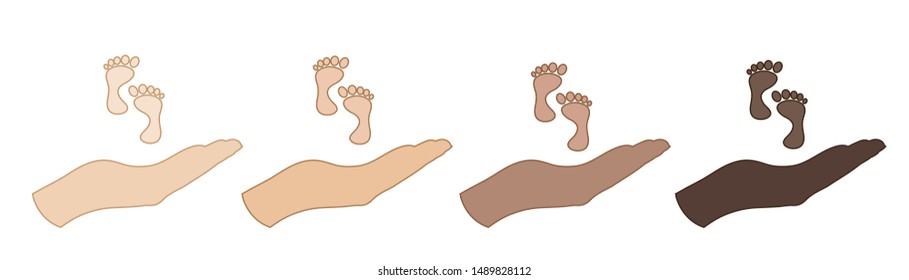 Vector illustration of a hand in a defensive gesture protecting a baby. Symbol of insurance, boy, girl, child,protection, feet.