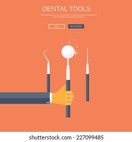 Vector illustration with hand and dental tools. Flat health care and medical research background. Healthcare system concept. 