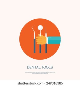 Vector illustration with hand and dental tools. Flat health care and medical research background. Healthcare system concept. 