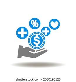 Vector Illustration Of Hand With Dollar Coin, Plus, Percent And Heart Signs. Icon Of Employee Benefits. Symbol Of Bonuses And Perks For Worker.