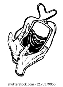 Ilustración vectorial. En la mano donó una bolsa de sangre. Pegatina, parche, diseño de logotipo, impresión de camisetas