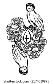 Ilustración vectorial. En la mano donó sangre. Flores de rosa con espinas. Pegatina, parche, diseño de logotipo, impresión de camisetas
