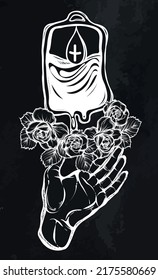 Ilustración vectorial. En la mano donó una bolsa de sangre. Flores de rosa con espinas. Pegatina, parche, impresión de camisetas, diseño de logotipo, pizarra de fondo