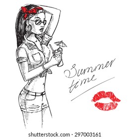 The vector illustration "hand draw illustration beautiful girl summer" for design
