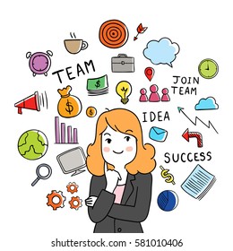 Vector illustration hand draw business woman and icon background.Doodle style.