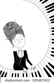 Vector illustration of hand draw girl playing the piano. Vintage style. Retro pianist. Classic music.