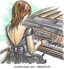 Vector illustration of hand draw girl playing the piano in sketch style like watercolor. 