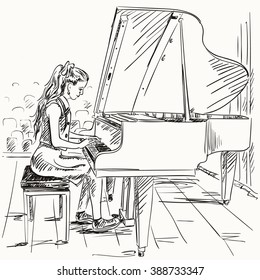 Vector Illustration Of Hand Draw Girl Playing The Piano In Sketch Style Like Watercolor. Black And White.