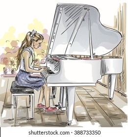 Vector illustration of hand draw girl playing the piano in sketch style like watercolor. 
