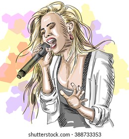 Vector illustration of hand draw girl are singing in sketch style like watercolor. 