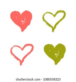 Vector Illustration. Hand draw heart using paint. Template set of hearts by acrylic paint in colorful colors for desing