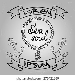 Vector illustration of hand draw marine elements and vignettes for your text on vintage backgroud with scratches.
