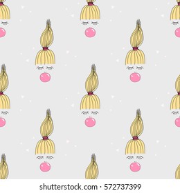 Vector illustration of hand draw quirky fashion kid illustration with pink bubble gum seamless pattern. Cute girl with bubble background for fashion fabric, wrapping or wallpaper design