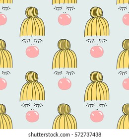Vector illustration of hand draw quirky fashion kid illustration with pink bubble gum seamless pattern. Cute girl with bubble background for fashion fabric, wrapping or wallpaper design