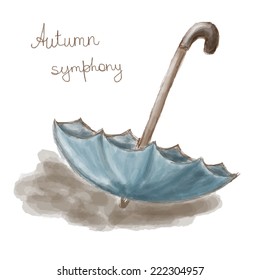 Vector illustration of hand draw umbrella and inscription isolated on white. Imitation watercolor 