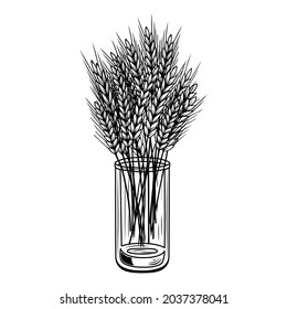 Vector illustration of hand draw wheat ears in a glass vase. Cereal bread sketched concept. Black line art drawing.