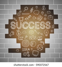 Vector illustration hand draw word success and icon in dark brown wall background.Doodle style.