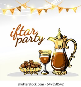 Vector illustration and Hand Drawing about Ramadan Dinner Party.