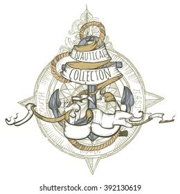 Vector illustration. Hand drawing.Sea anchor entwined with ribbons against a background of "wind rose".