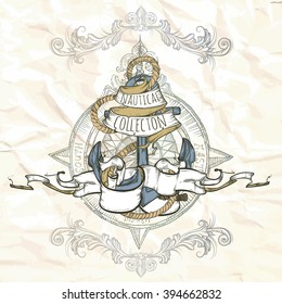 Vector illustration. Hand drawing.Sea anchor entwined with ribbons against a background of "wind rose".Against the backdrop of crumpled paper.