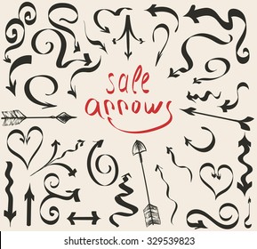 Vector illustration. Hand drawing arrows in the form of twisted ribbons. Black color on a light background.