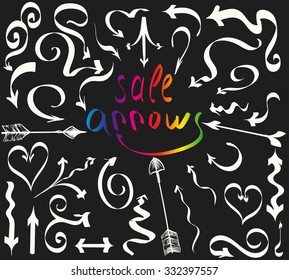 Vector illustration. Hand drawing arrows in the form of twisted ribbons. White color on a black background.