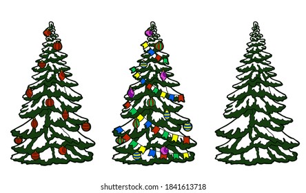 Vektorgrafik. Handzeichnung Kunst. Weihnachtsbaum mit Schnee bedeckt. Große Fichte. Eine Reihe von drei verzierten Weihnachtsbäumen.