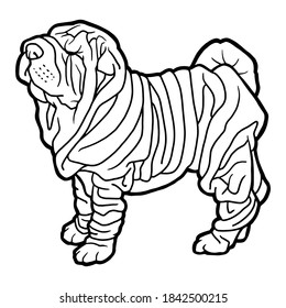 Vector illustration. Hand drawing art. Shar Pei dog. Lineart. Contour image of a dog. Coloring page.