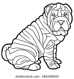 Vector illustration. Hand drawing art. Shar Pei dog. Lineart. Contour image of a dog. Coloring page.