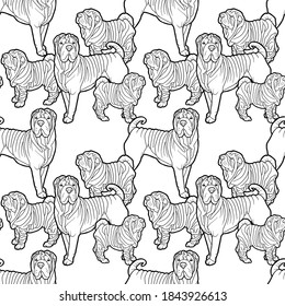 Vektorgrafik. Handzeichnung Kunst. Nahtloser Hintergrund. Shar Pei dog. Line Art. Unser Bild eines Hundes. Farbseite.