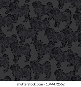 Vector illustration. Hand drawing art. Seamless background. Shar Pei dog. Lineart. Contour image of a dog.