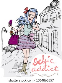 Vector illustration, hand drawing vector of beautiful girl with glasses and red ribbon bow, doing selfie in front of classic European style city's shopping arcade.   