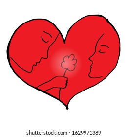 Vector illustration. Hand drawing in black contours. Red hearts with stylized profiles of human faces. In the center of the heart is a hand with a flower.