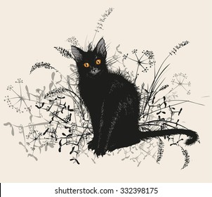 Vector illustration. Hand drawing of a black cat in the grass. On a white background.