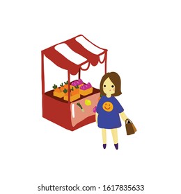 Vector illustration. Hand drawing cartoon character. Cute girl shopping on local market.