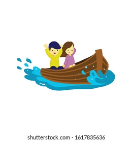 Vector illustration. Hand drawing cartoon character. Boy and girl sitting on a boat.