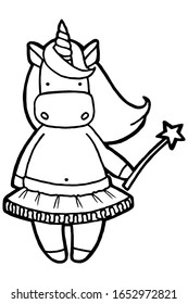 Vector illustration. Hand drawing cartoon unicorn. Fairy unicorn in a tutu with a magic wand in his hand. Isolated on white. Minimalistic design. Black lines. Cute character. Coloring page. The origin