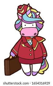Vector illustration. Hand drawing cartoon unicorn stewardess in red uniform. Isolated on white. Coloring page. Cute character. Original print.