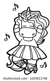 Vector illustration. Hand drawing. Cartoon ballerina unicorn. Dancing in a tutu. Isolated on white. Coloring page. Cute character. The original print. 