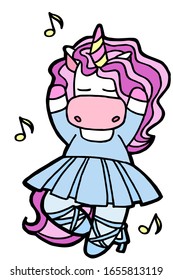Vector illustration. Hand drawing. Cartoon ballerina unicorn. Dancing in a tutu. Isolated on white. Cute character. The original print. 