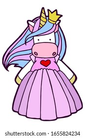 Vector illustration. Hand drawing. Cartoon princess unicorn in a crown. Beautiful puffy pink dress. Isolated on white. Cute character. The original print.