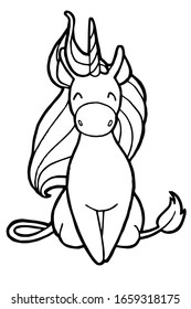 Vector illustration. Hand drawing. Cartoon unicorn. Sitting unicorn. Isolated on white. Coloring page. Cute character. The original print.
