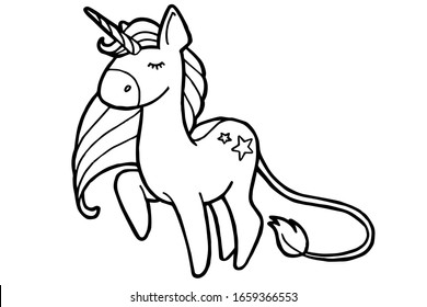 Vector illustration. Hand drawing. Cartoon unicorn. Isolated on white. Coloring page. Cute character. The original print.