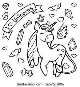 Vector illustration. Hand drawing. Cartoon unicorn. Magical items. Crystals, stars, hearts, elixirs. The inscription "I love unicorns." Isolated on white. Coloring page. Cute character. The original p
