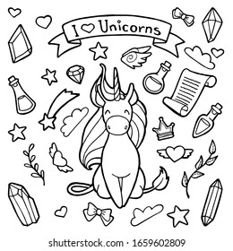  Ilustración vectorial. Dibujo manual. Caricatura unicornio. Artículos mágicos. Cristales, estrellas, corazones, elixires. La inscripción "Me encantan los unicornios". Aislado en blanco. Página colorear. Carácter lindo. El p original
